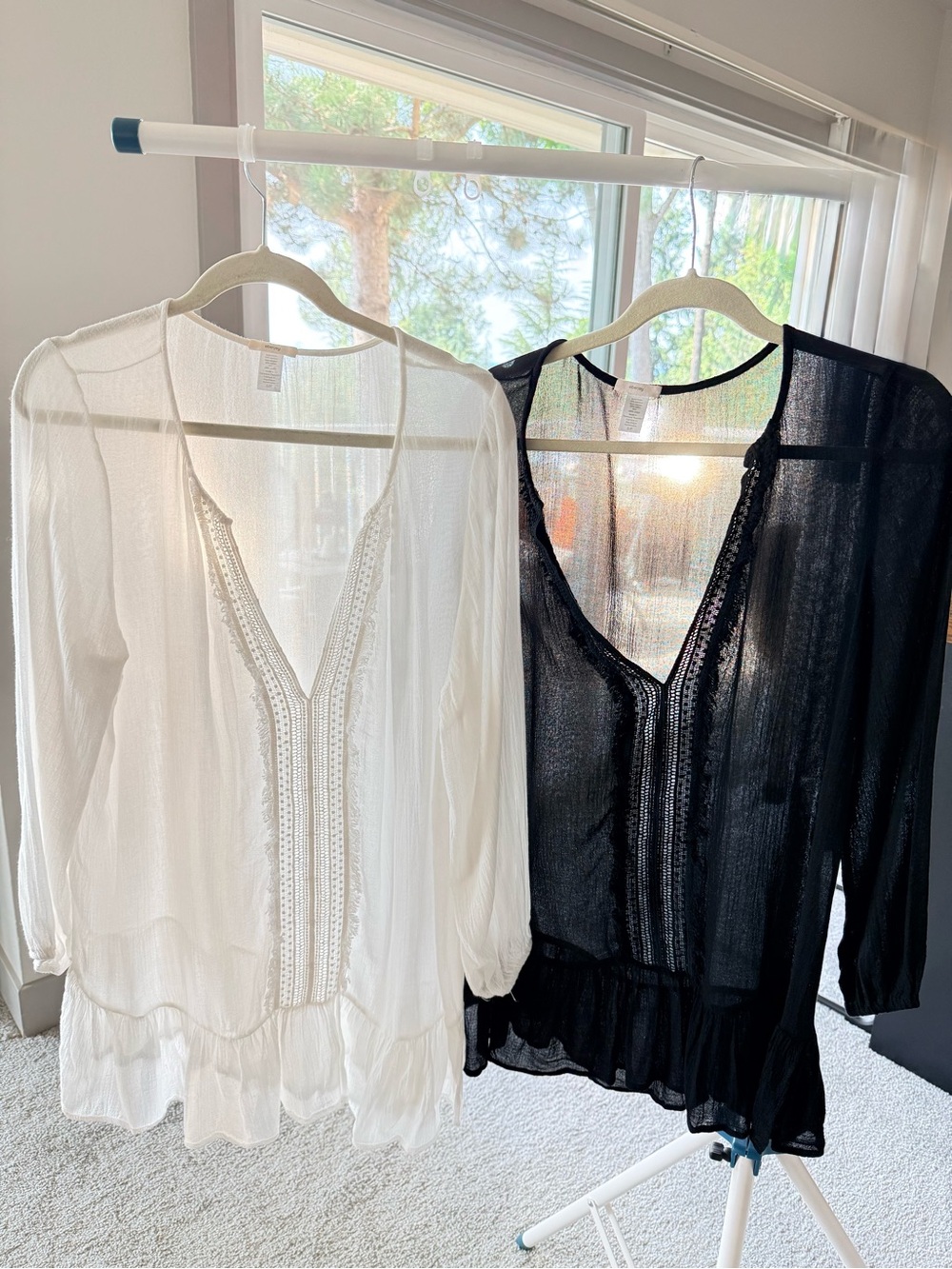 Lot of 2 small Eberjey Ivory and black Lace-Trim Sheer Swim Coverup Tunic.